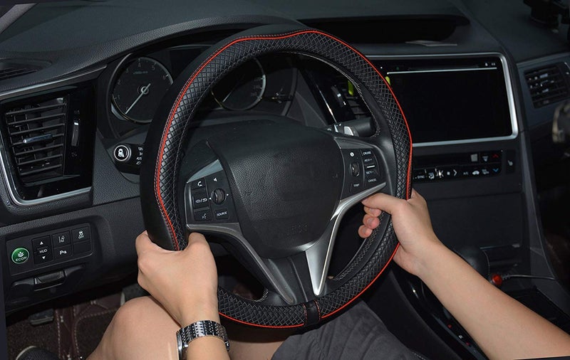 Rueesh Microfiber Leather Car Steering Wheel Cover  Soft Padding  Durable  No Smell  Universal 15 Inch Steering Cover  Anti-Slip Embossing Pattern A  Black with Red Line - Image 3